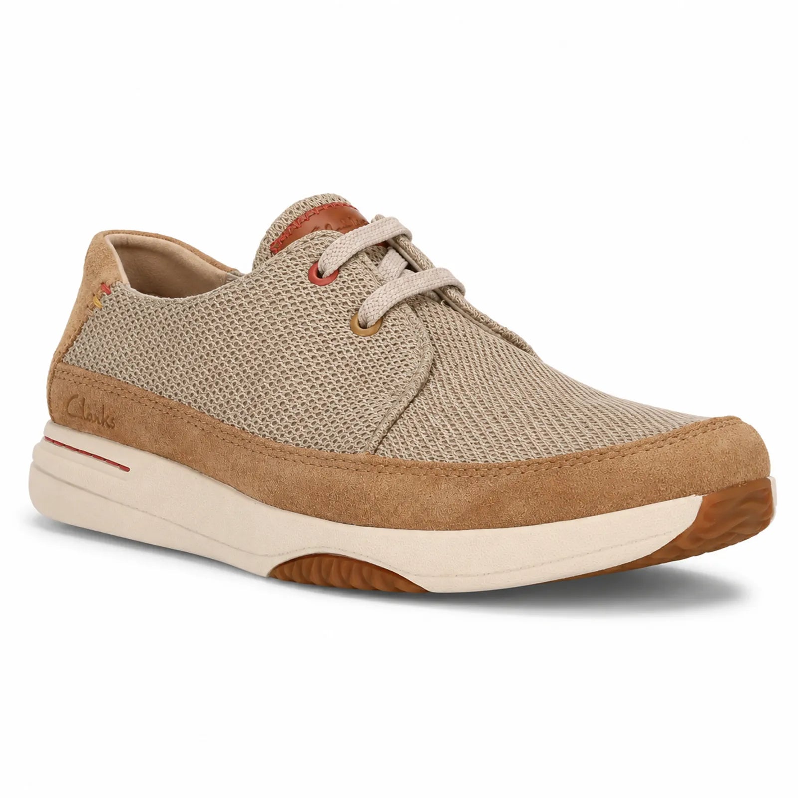 Beige knit lace-up men's sneakers with tan suede panels and white cushioned sole