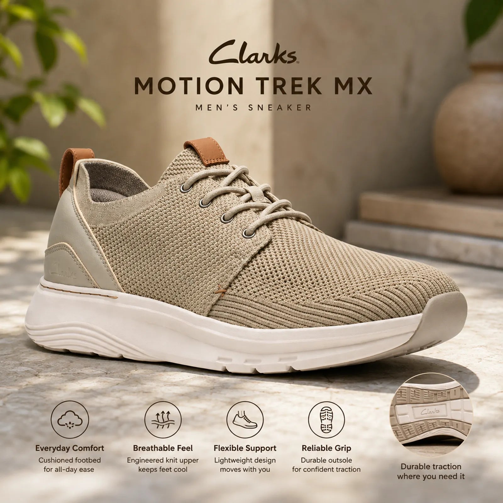 Men's beige knit lace-up sneakers with tan accents and thick white walking sole