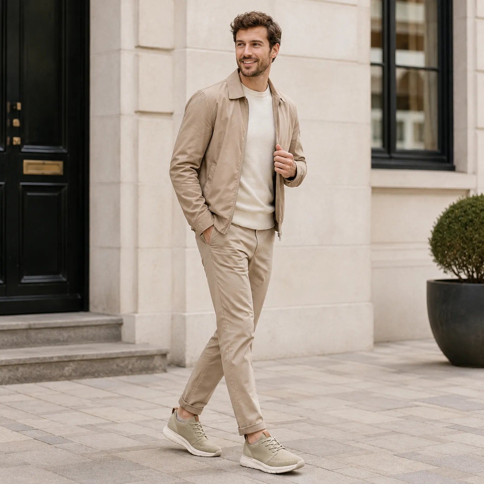 Men's beige lace-up sneakers with white sole and cushioned low-profile design