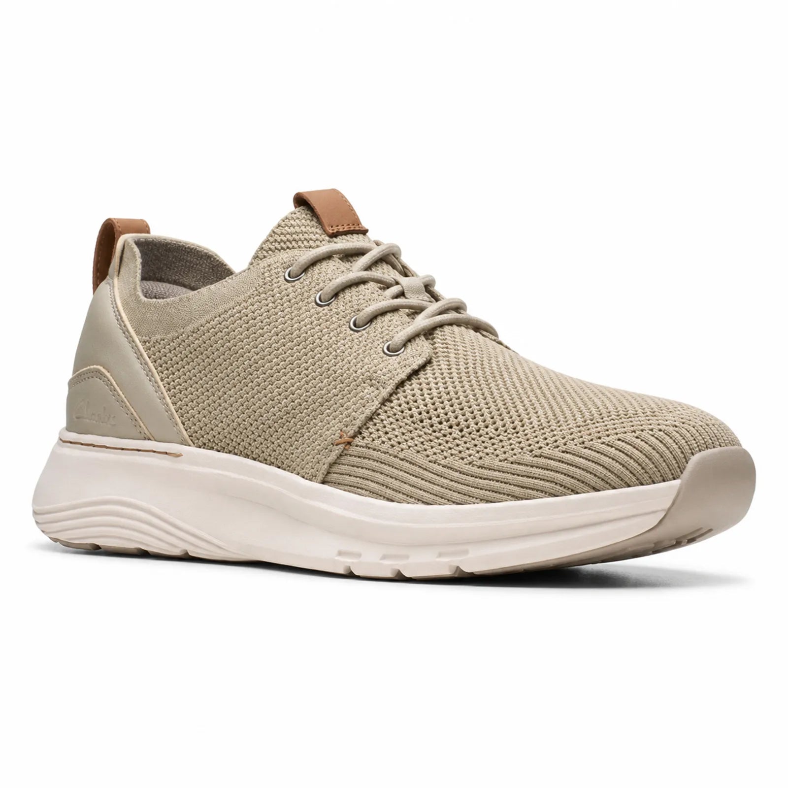 Men's beige knit lace-up sneakers with tan heel patch and white cushioned sole