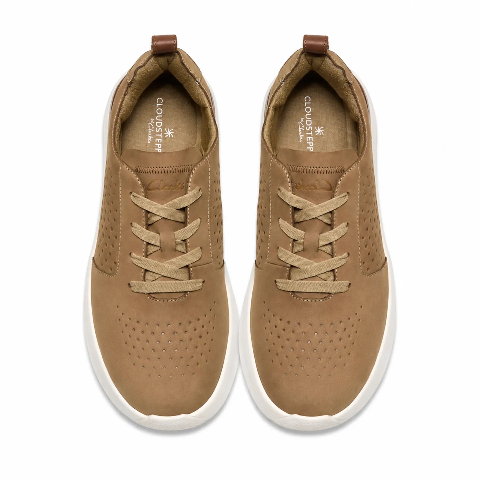 Pair of men's brown lace-up sneakers with perforated uppers and white rubber sole