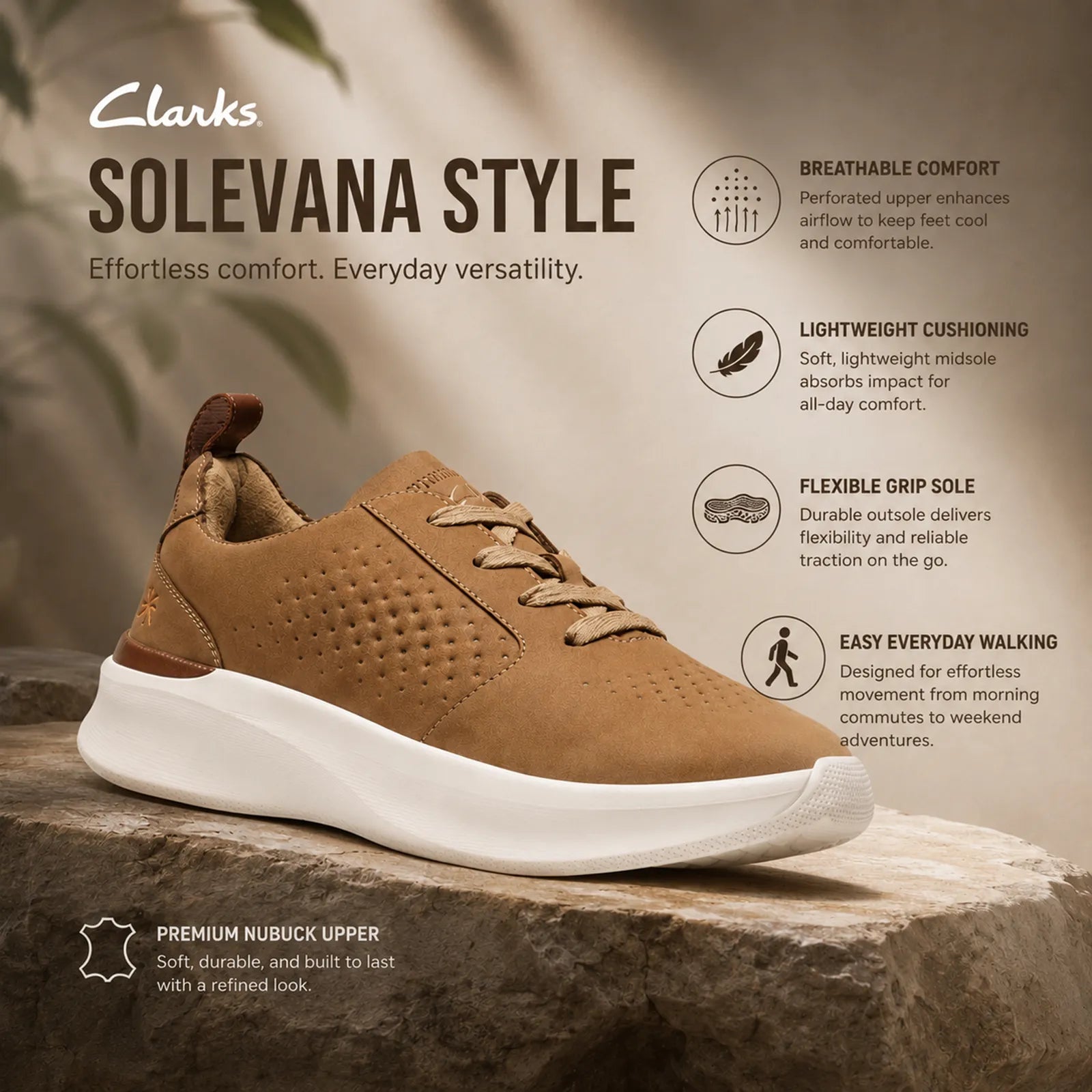 Men's brown nubuck lace-up sneakers with perforations and thick white cushioned sole