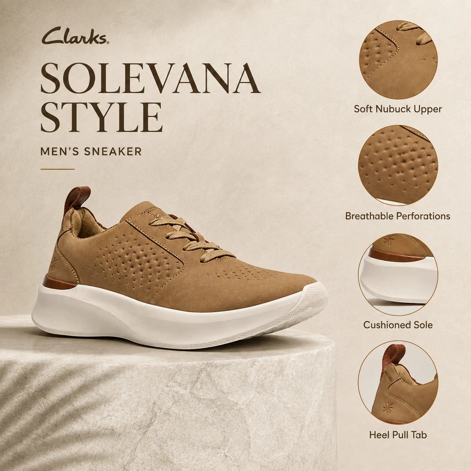 Men's brown lace-up sneaker with perforated toe and white sole, nubuck upper