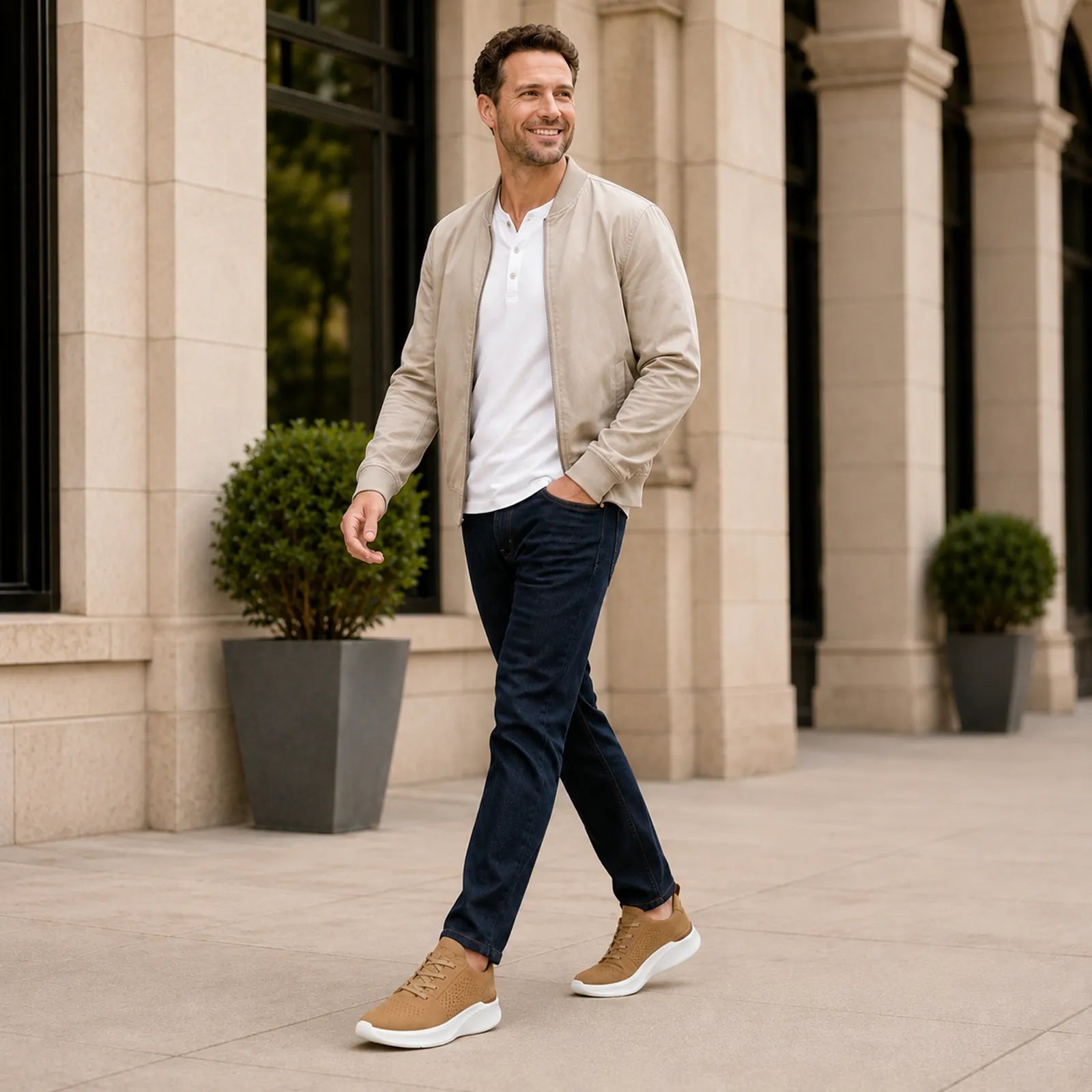 Men's brown lace-up sneakers with perforated sides and white sole, worn with jeans