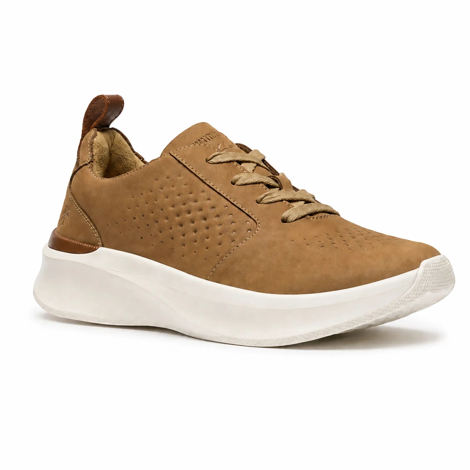 Men's nubuck lace-up sneakers in brown with perforated panels and white cushioned sole