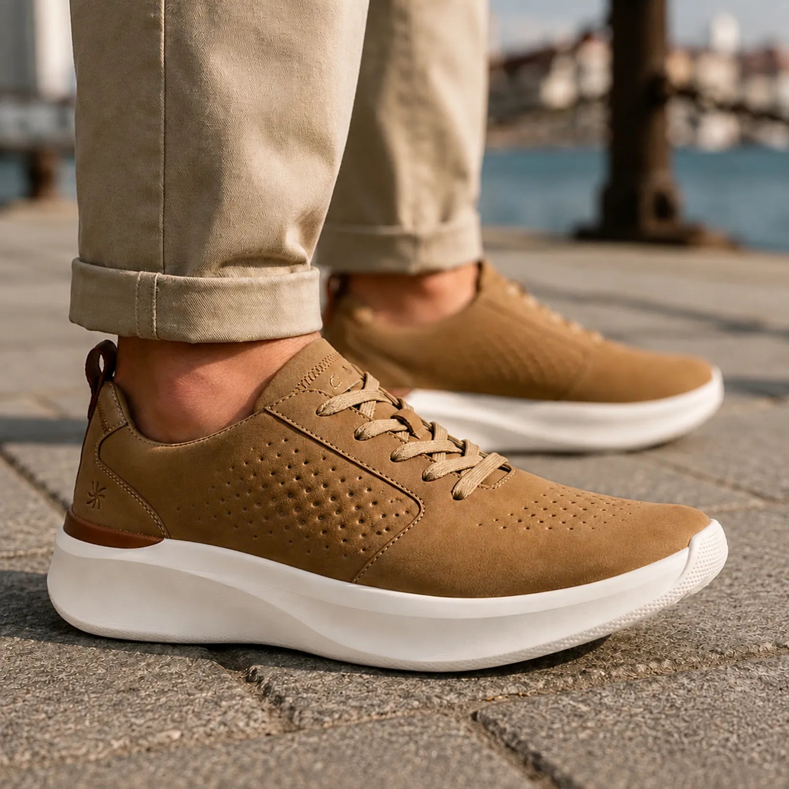 Brown men's lace-up sneakers with perforated uppers and white sole, walking on pavement