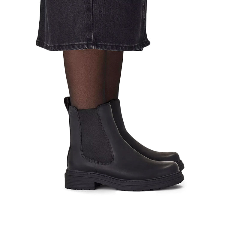 Black leather slip-on ankle boots with side elastic panels and block heel