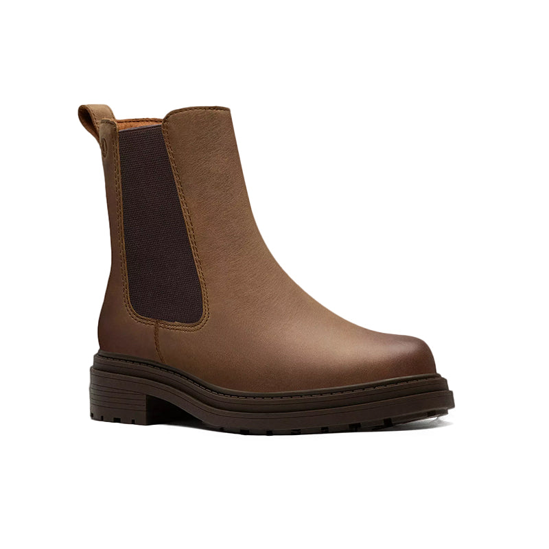 Brown leather slip-on ankle boots with side elastic panels and rugged sole