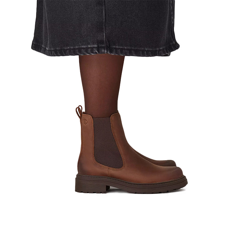 Brown leather slip-on ankle boots with side elastic panels and block heel