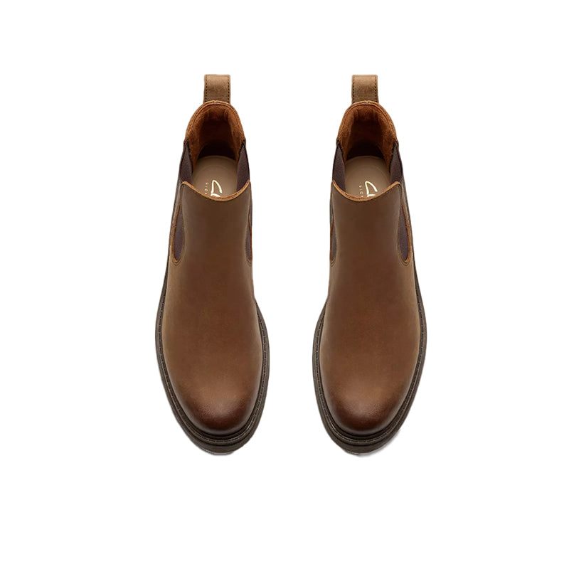 Pair of brown leather ankle boots with elastic sides and rear pull loops