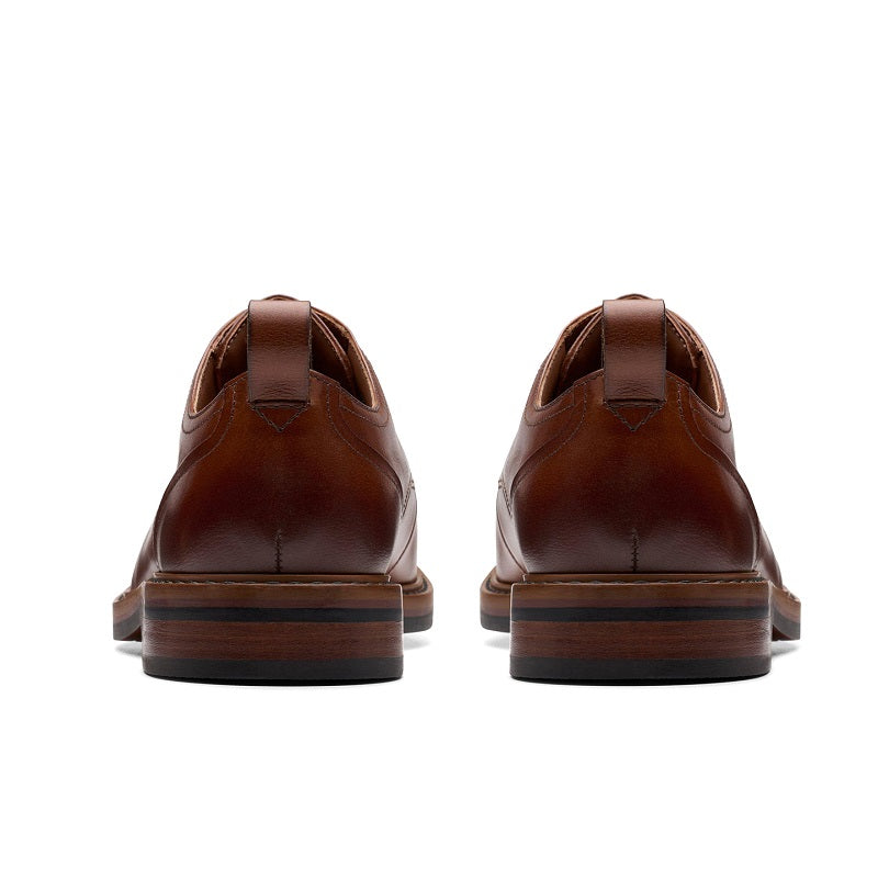 Clarks men's leather lace-up business shoes, brown back view with heel and pull tab