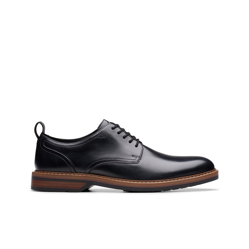 Clarks men's leather lace-up business shoes, black with rounded toe and stitched apron