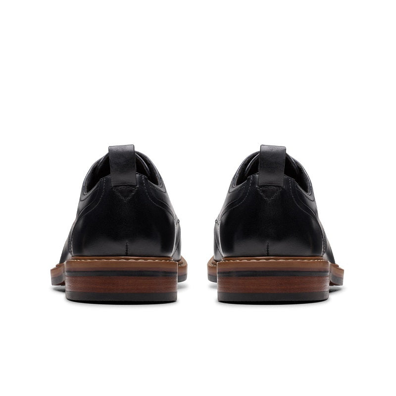 Clarks men's leather lace-up business shoes, black back view with heel and pull tab