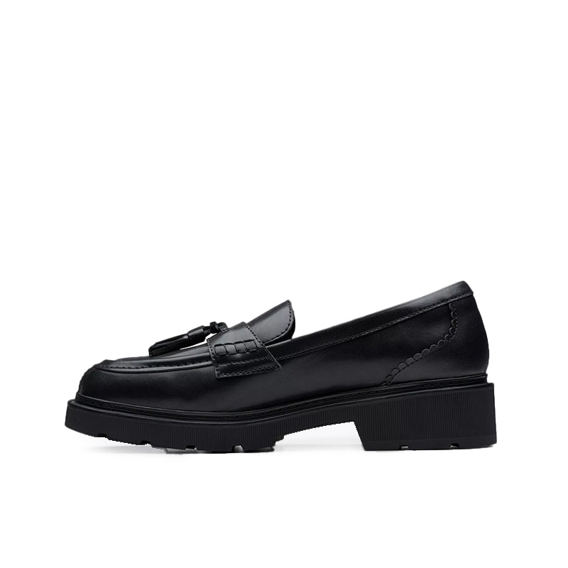 Clarks Lauryl Tassel Women's Loafers Black Leather Slip On Casual Shoes 26184357