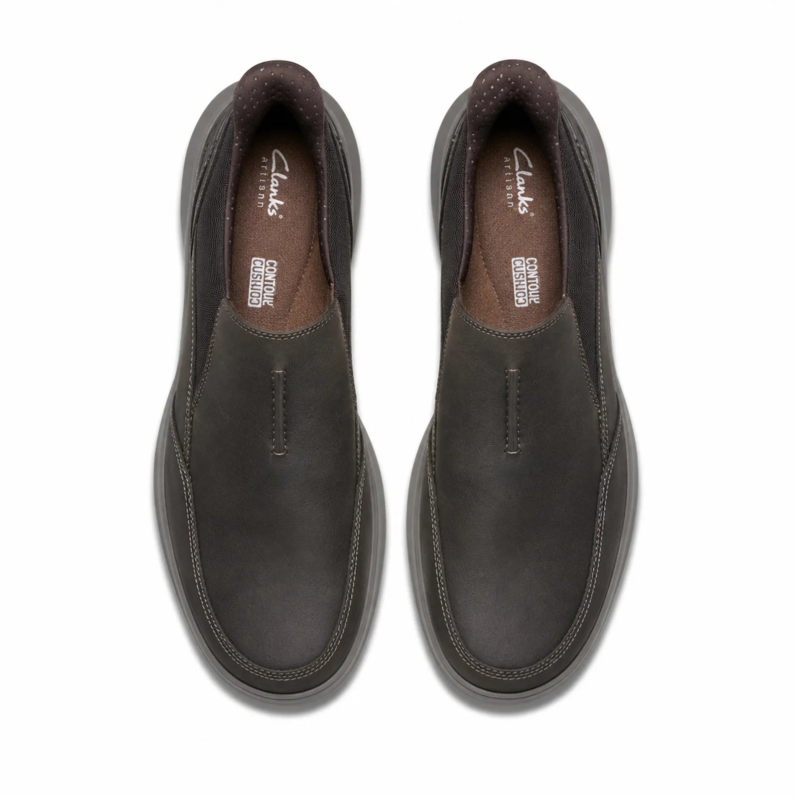 Pair of men's black leather slip-on shoes with stitched panel details