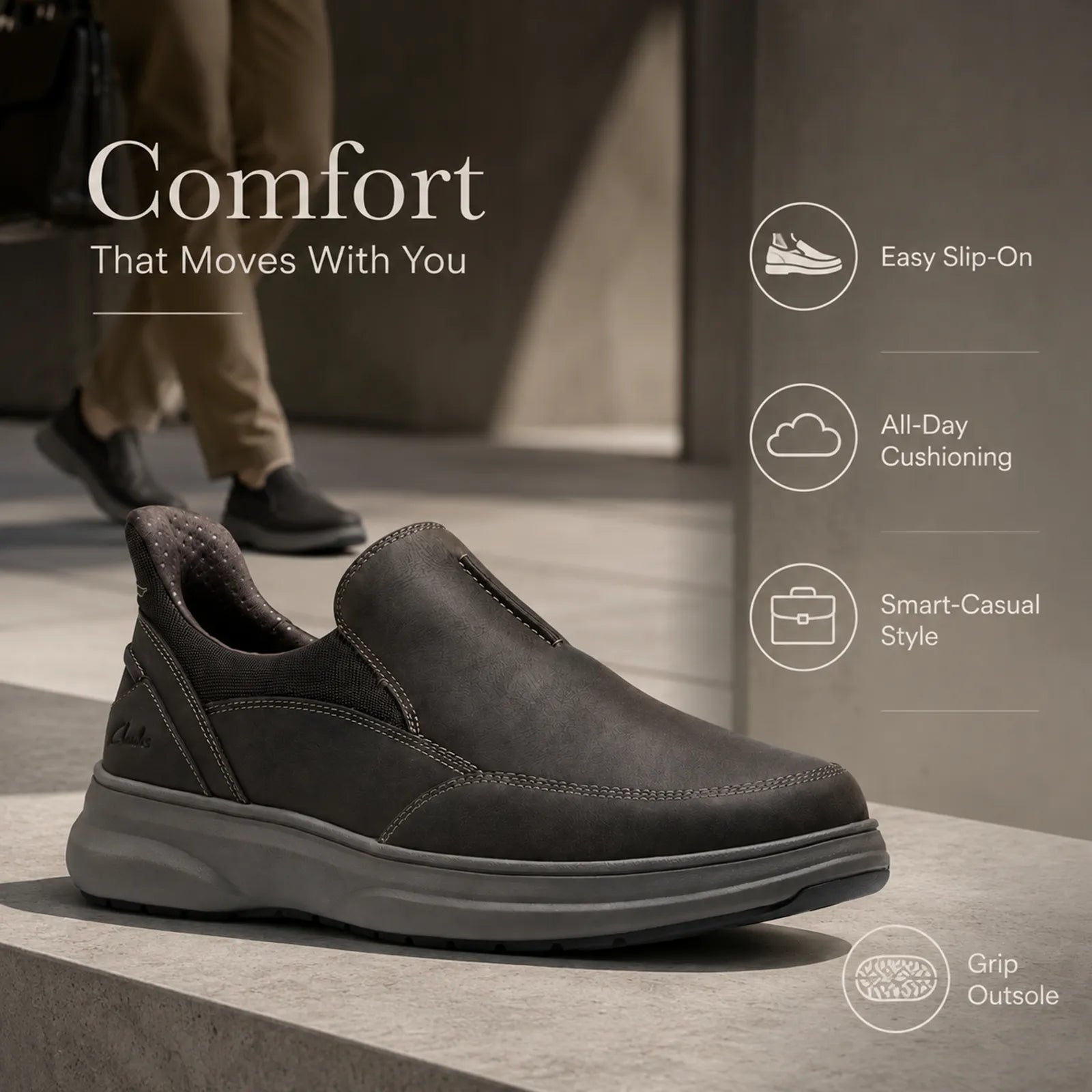 Men's black leather slip-on shoes with cushioned midsole and side gore