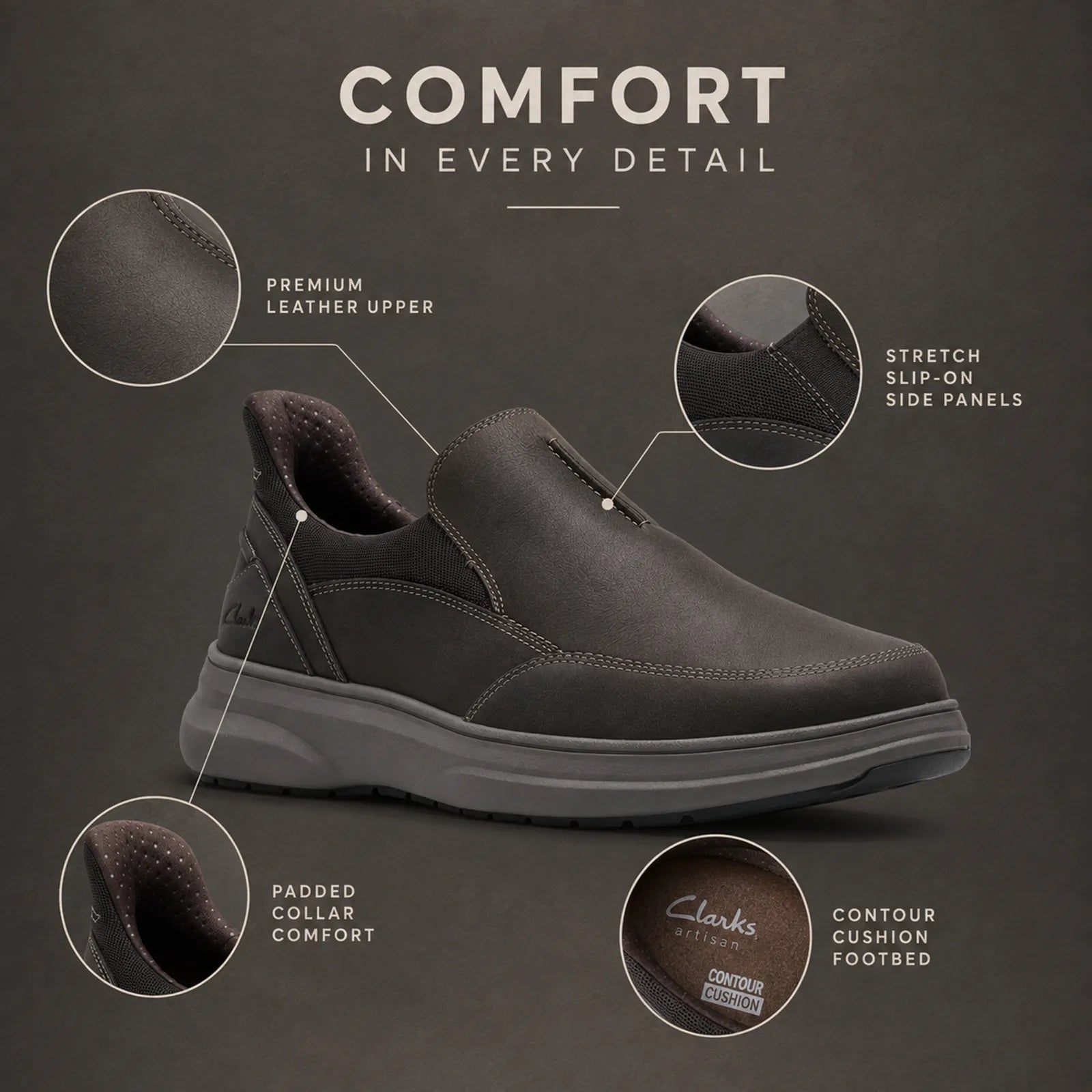 Men's black leather slip-on shoes with stretch side panels and comfort padding