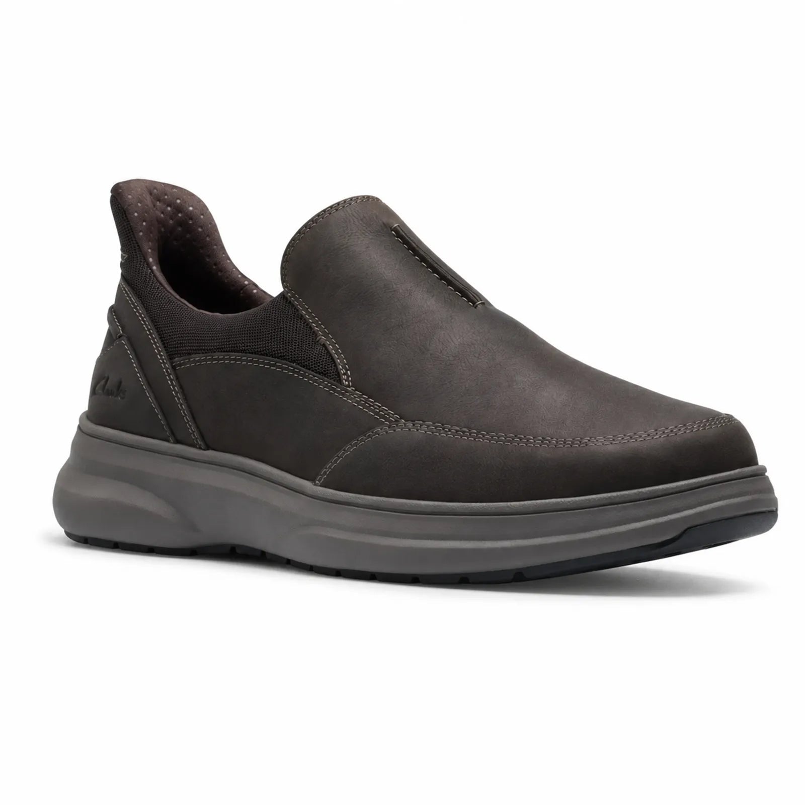 Men's black leather slip-on shoes, elastic goring and cushioned collar