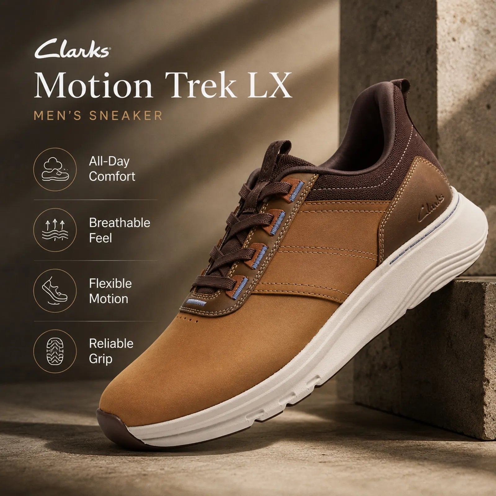 Men's tan Motion Trek LX lace-up sneakers with white midsole and traction sole