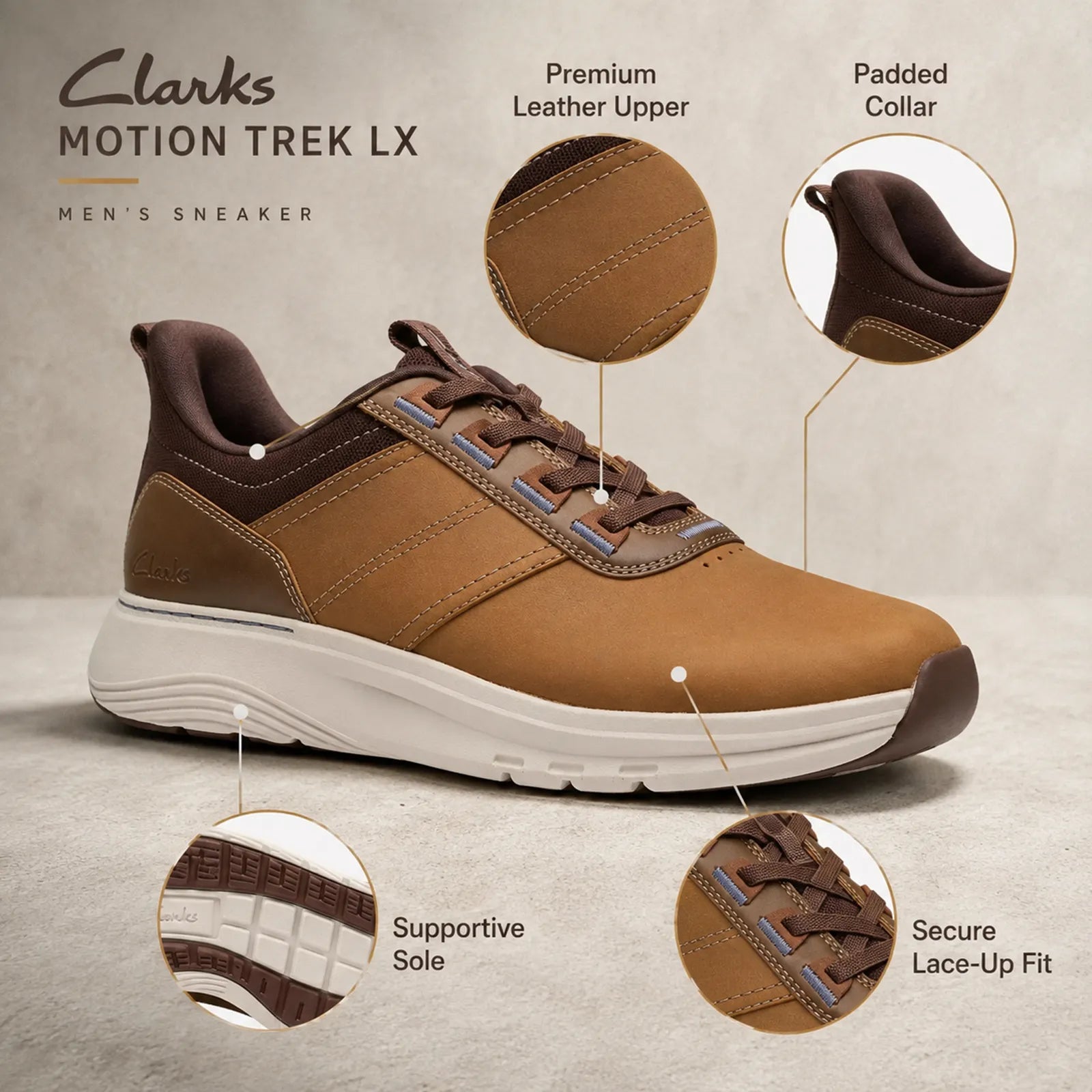 Men's tan lace-up sneakers with padded collar and supportive white outsole
