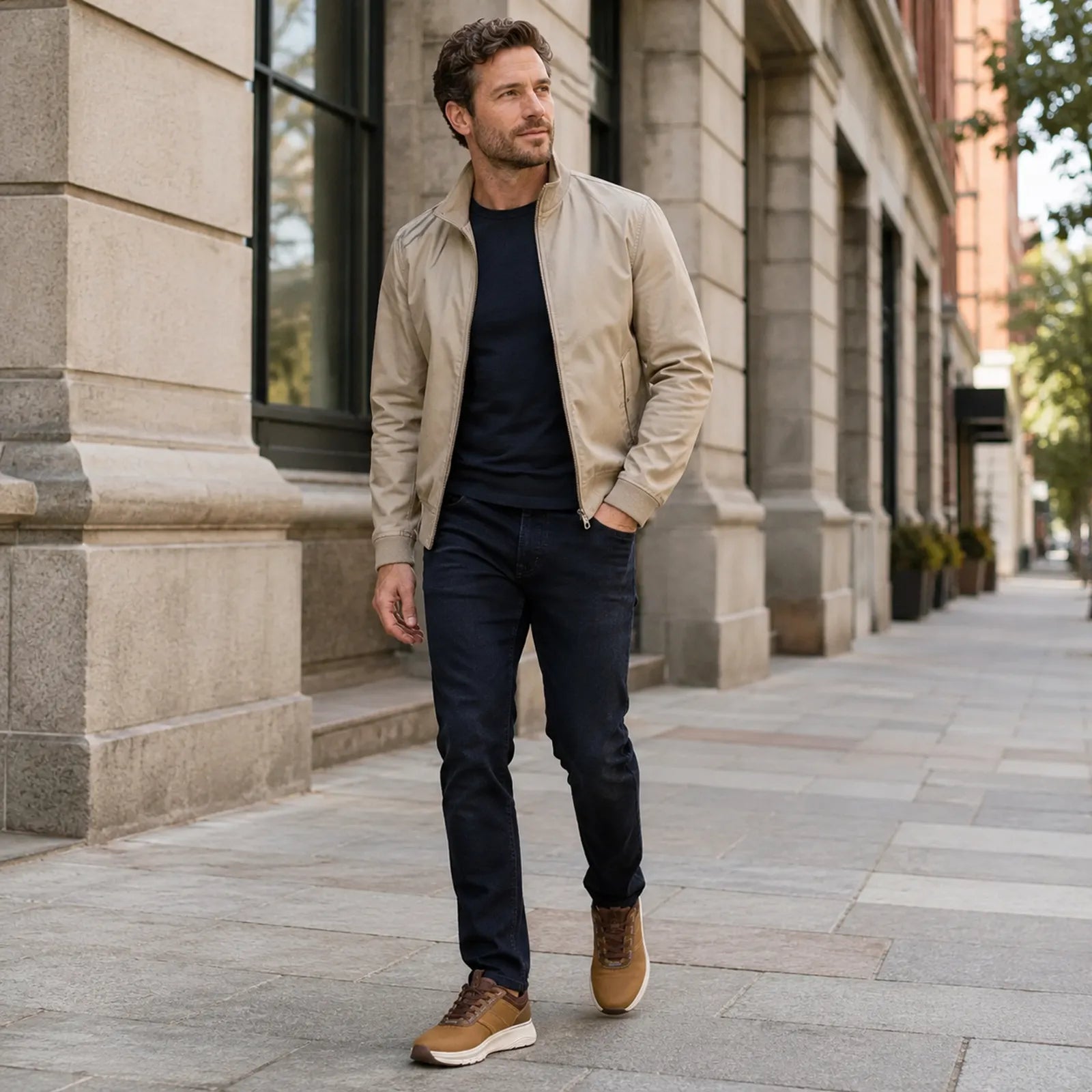 Men's tan sneakers worn with dark jeans on a city sidewalk