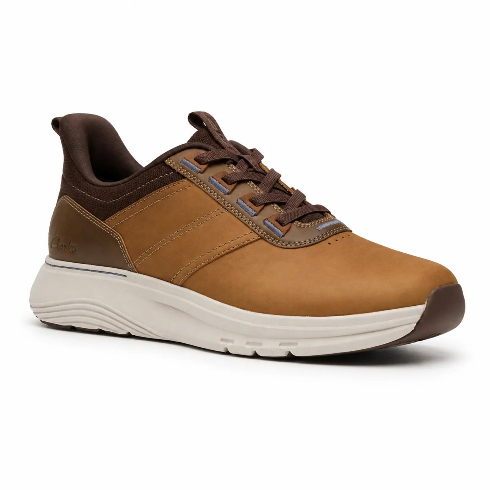 Men's tan and dark-brown lace-up walking sneakers with cushioned white sole