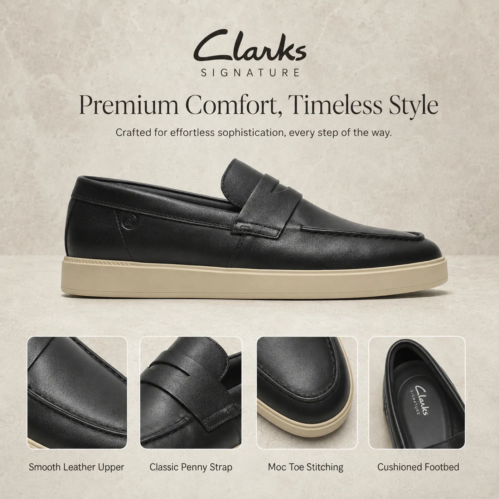 Clarks men's black leather loafer with penny strap, cushioned footbed, and stitched seams
