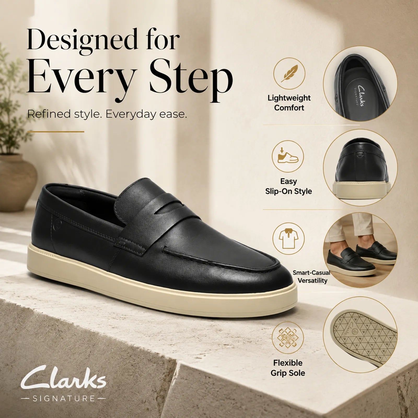 Clarks men's black leather penny loafer, slip-on style with grippy light sole