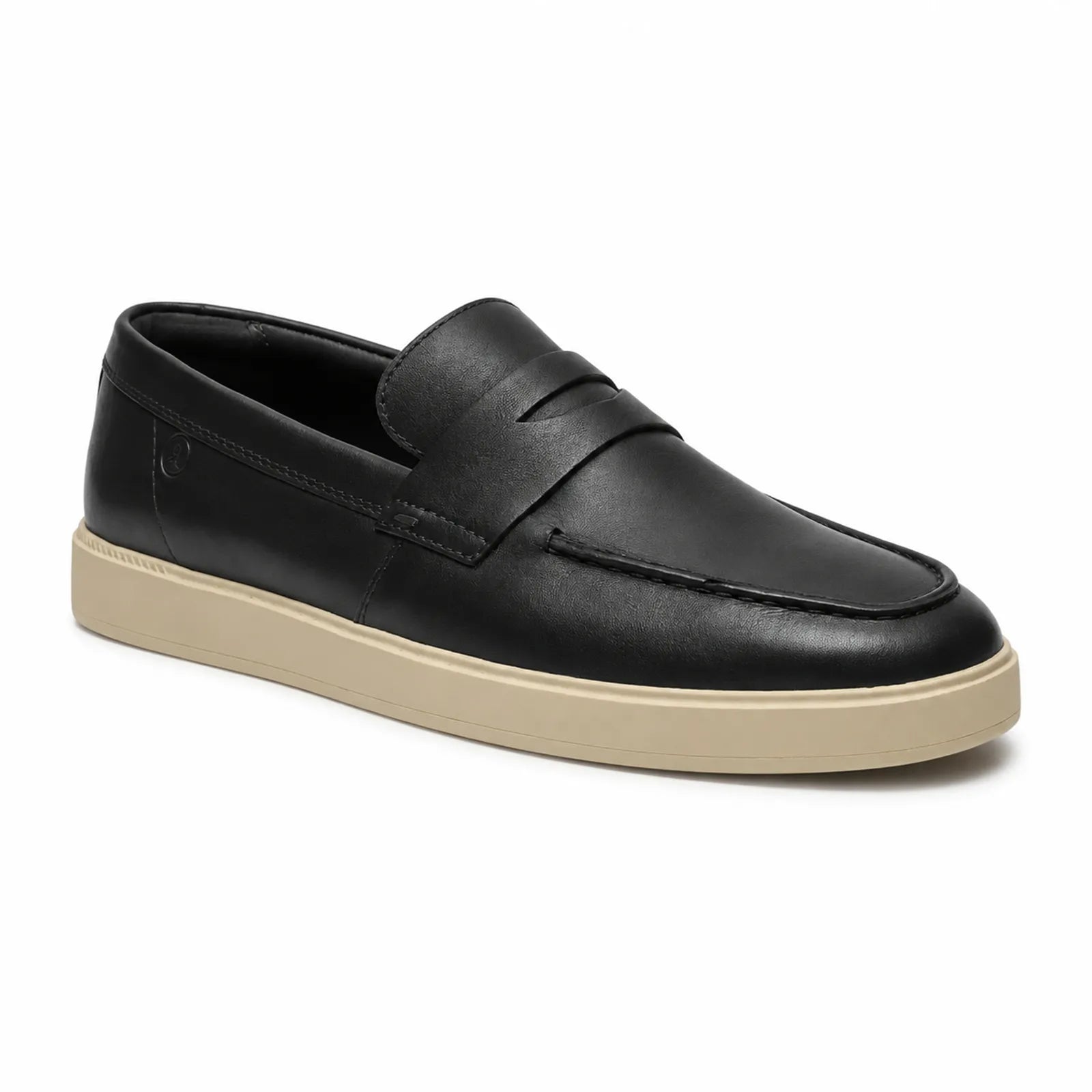 Men's black leather slip-on penny loafer with strap detail and cushioned light sole