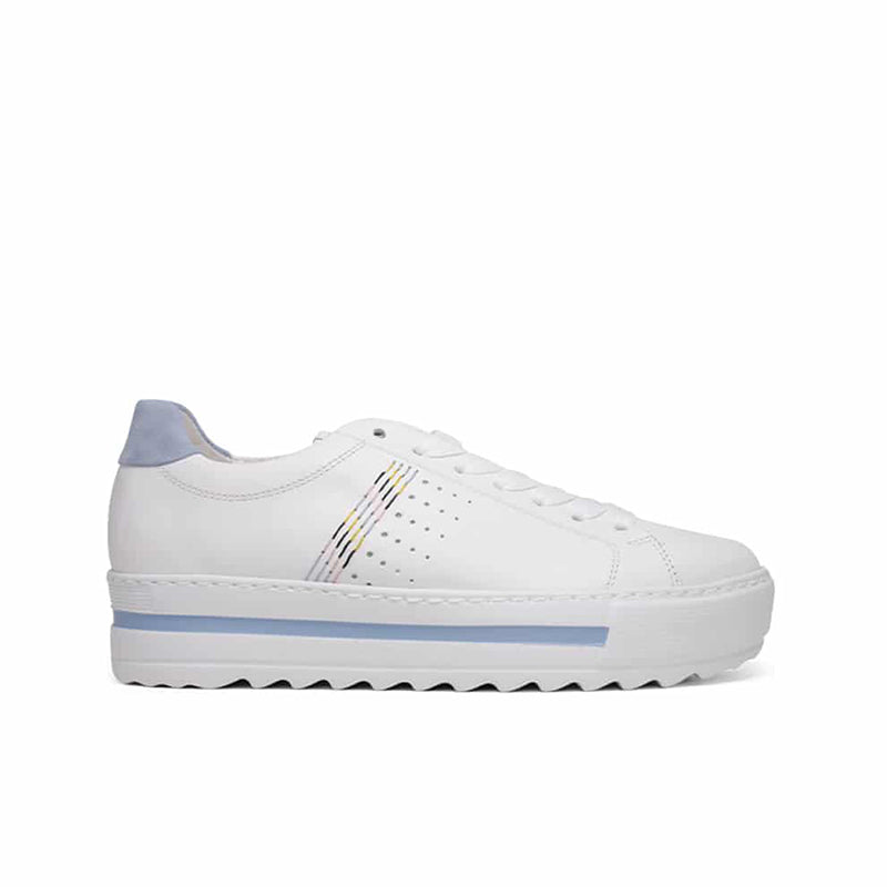 White leather lace-up sneakers with blue heel stripe and multicolor side accents.