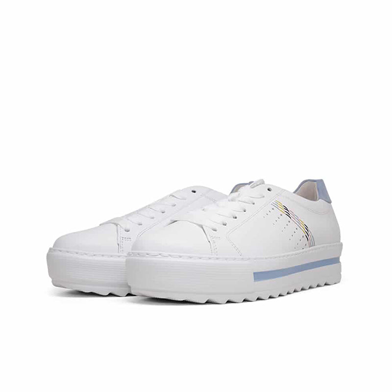 White leather lace-up sneakers, pair shown, with blue heel stripe and multicolor panel.
