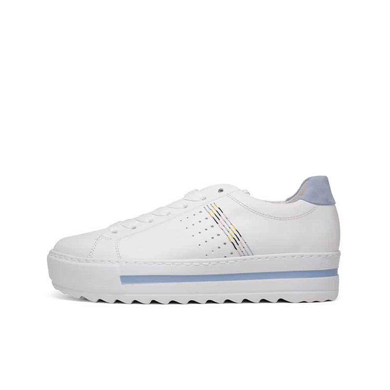 White leather low-top sneakers with blue midsole stripe and multicolor side graphic.