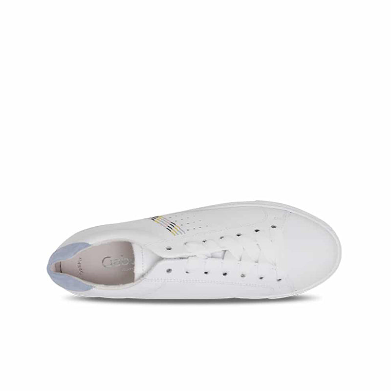 White leather sneaker with lace-up front, perforated toe, and blue heel lining.