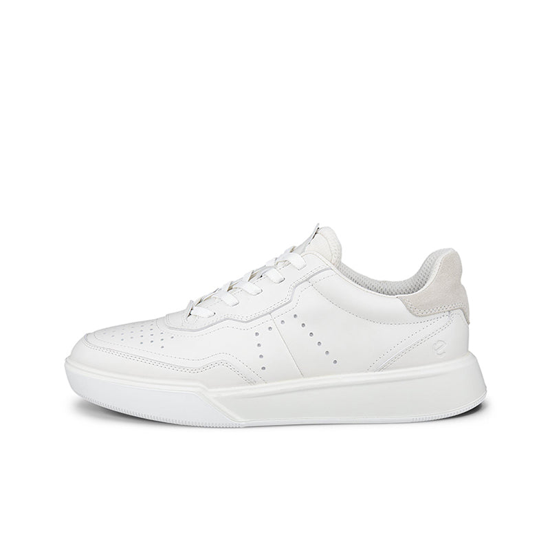 Women's white leather trainers with lace-up closure and minimal side panel stitching