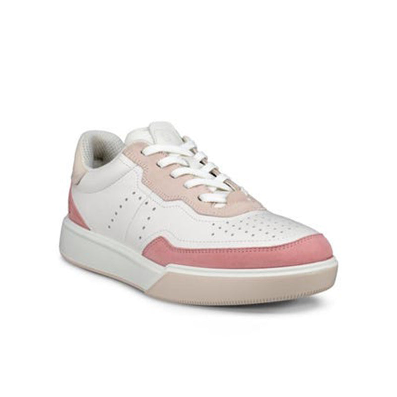 Women's leather trainers in white with blush pink panels and lace-up front