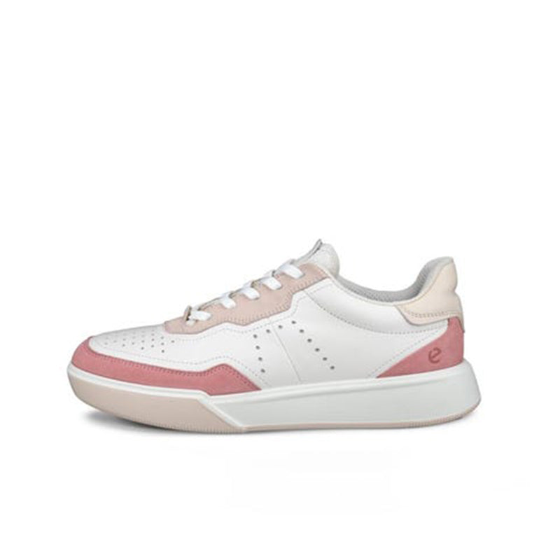 Women's leather trainers in white with blush pink side stripe and lace-up front