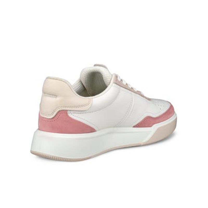 Women's leather trainers with white upper, blush pink heel panel, and padded collar