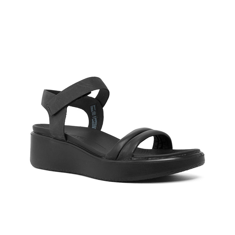 Black leather wedge sandals with two straps and cushioned footbed