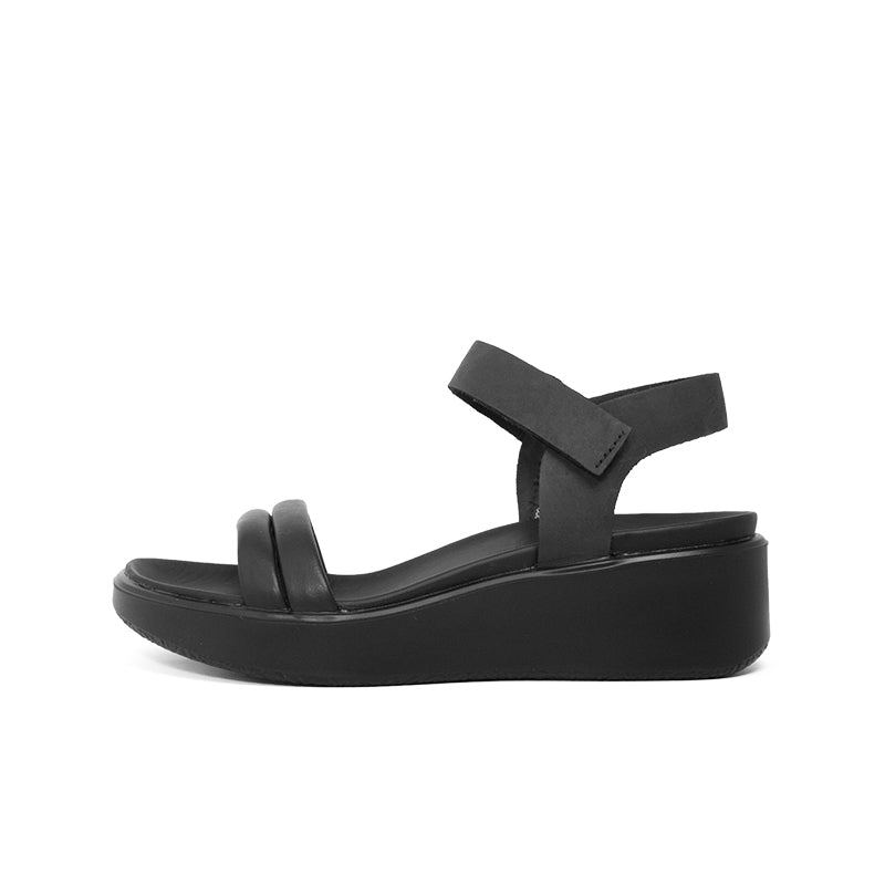 Black wedge sandals with single ankle strap and wide platform sole