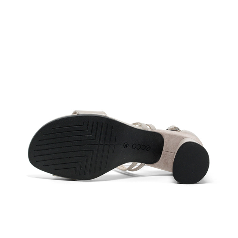 Women's leather heeled sandals outsole, beige upper with treaded black sole