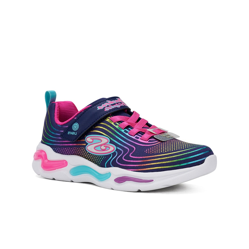Girl's navy multi sneakers with wavy light-up graphics and chunky white sole