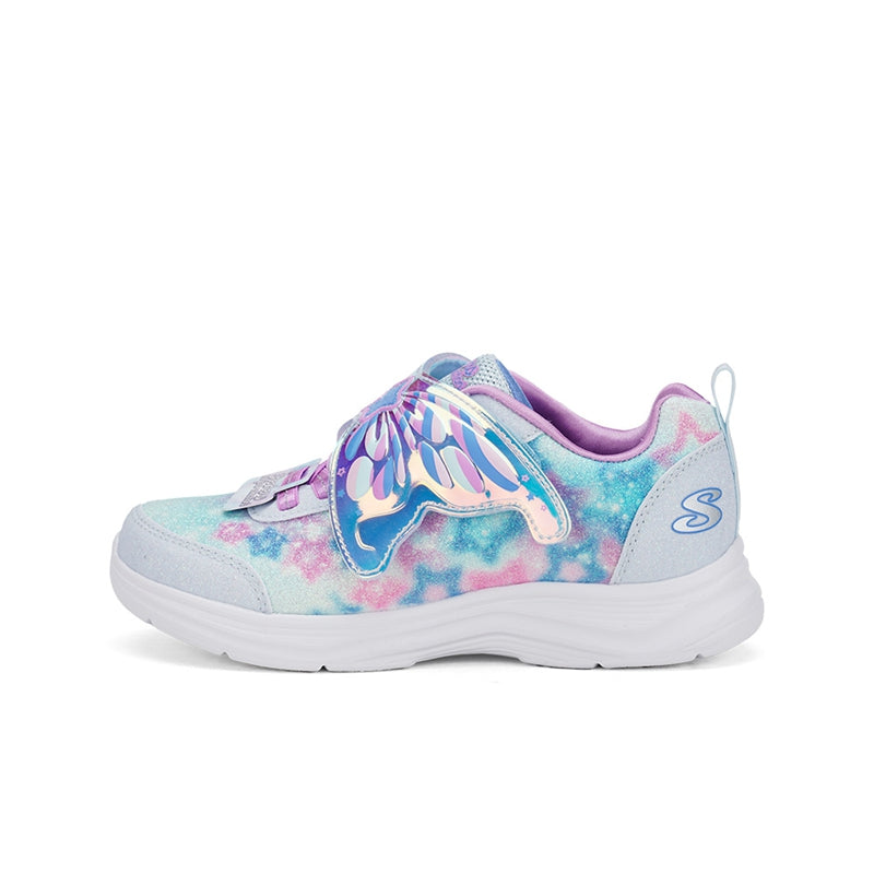 Girls' Skechers sneakers side view, light blue tie-dye with star logo and purple trim