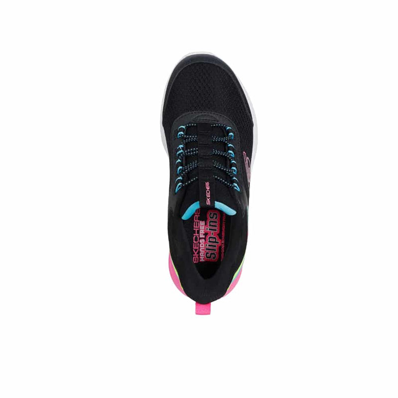 Girls' black slip-on sneaker, side view with teal laces and pink edge