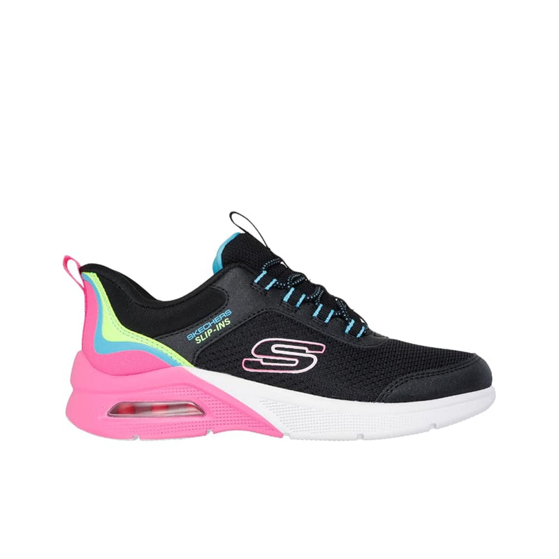 Girls' black slip-on sneakers with neon accents, teal laces, and pink midsole