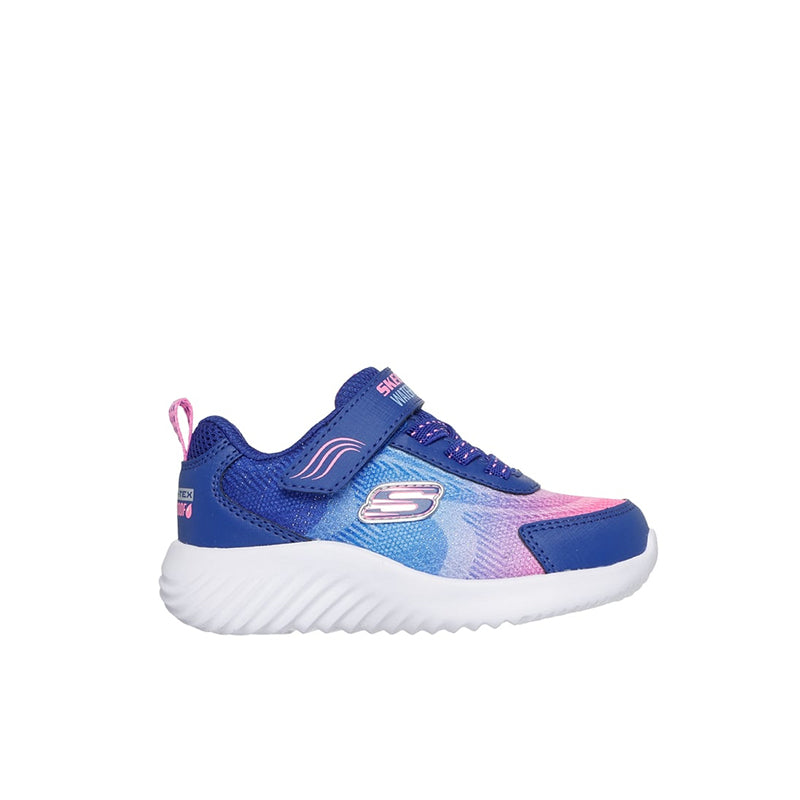 Girls navy sneakers with light blue panels, pink side accents, lace-up cushioned sole