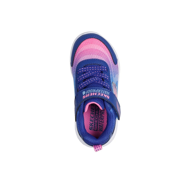 Girls navy sneaker toe view with lace-up front and pink interior lining