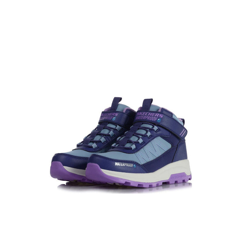 Skechers girls waterproof sneakers, purple laces and dark blue upper with light blue panels