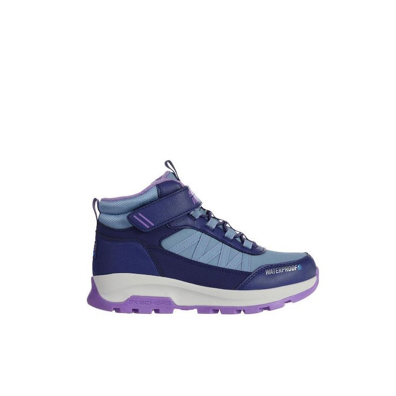 Skechers girls high-top sneakers with purple trim, dark blue and light blue panels
