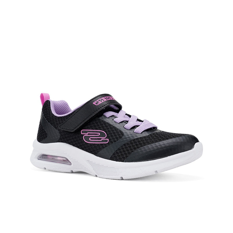 Kids black sneaker with lavender laces, hook strap, and white cushioned sole