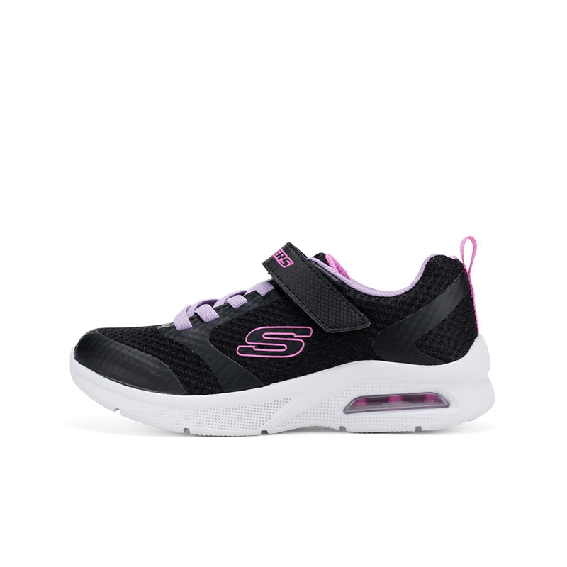Kids black slip-on sneaker with lavender laces, S logo, and white sole